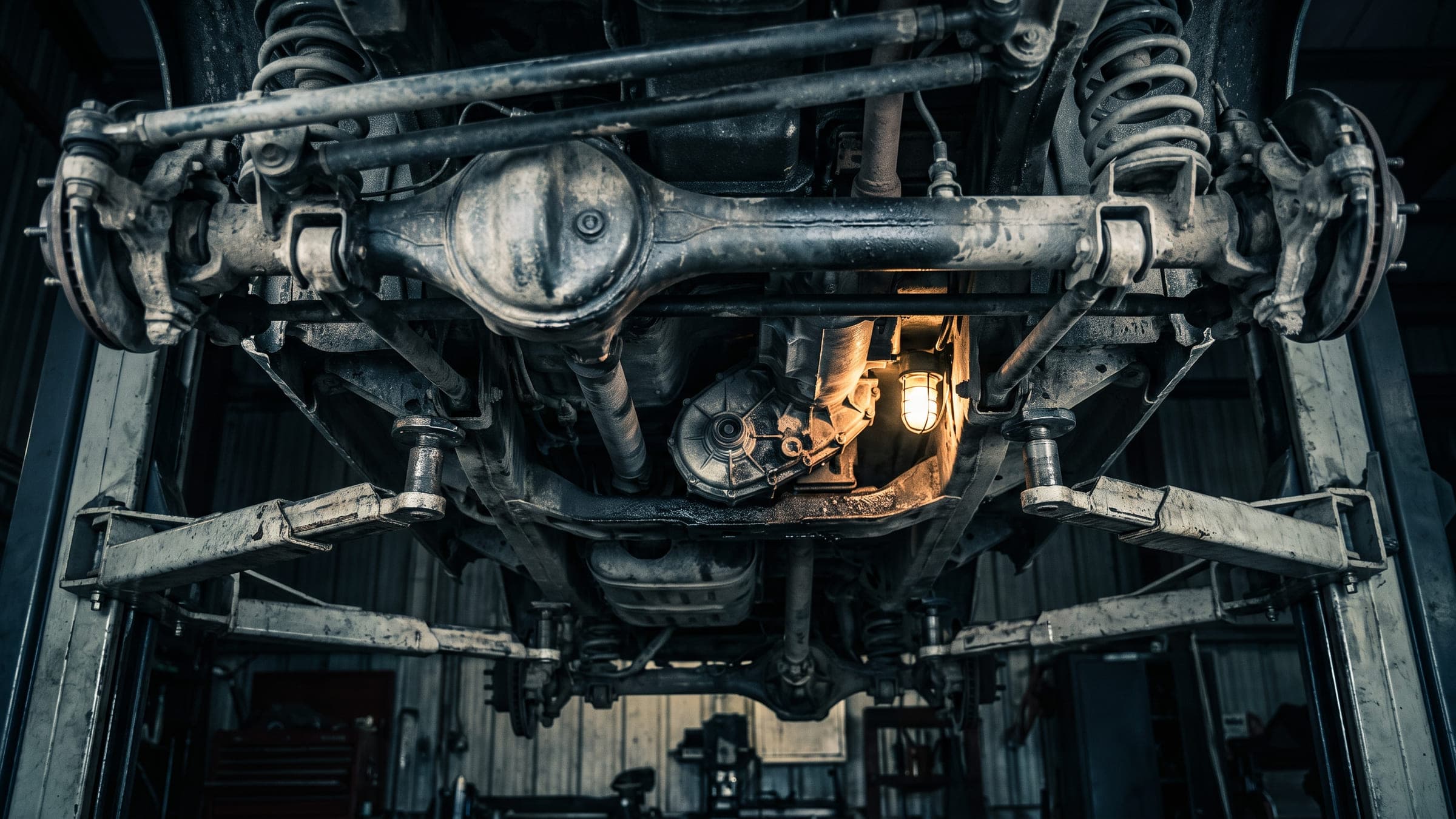 The underside of a four wheel drive on a two-post lift, showing the rear axle, differential housing and propshaft