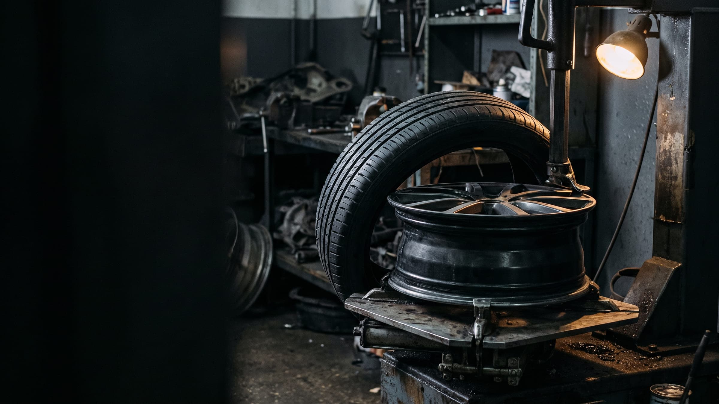 A new tyre beside an alloy wheel clamped on a tyre fitting machine