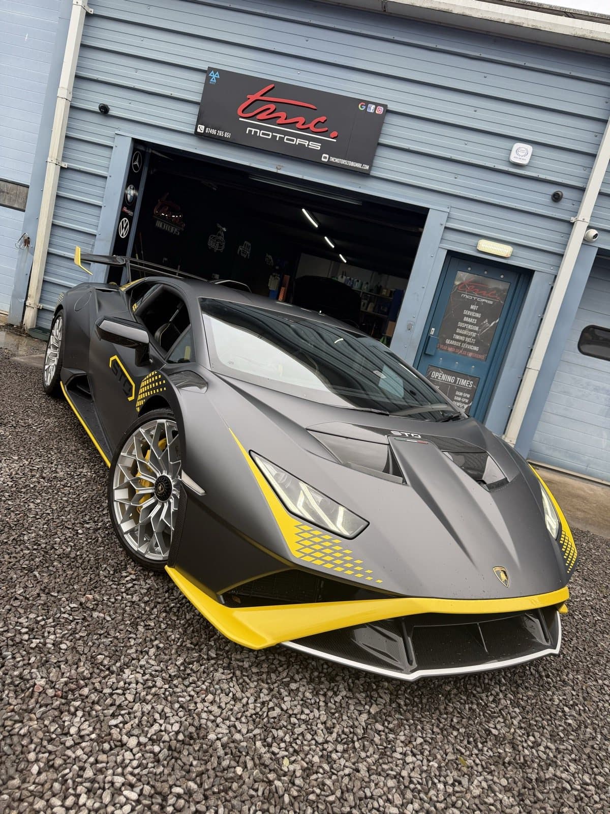 A Lamborghini Huracan outside the Team Mercedes Cardiff workshop