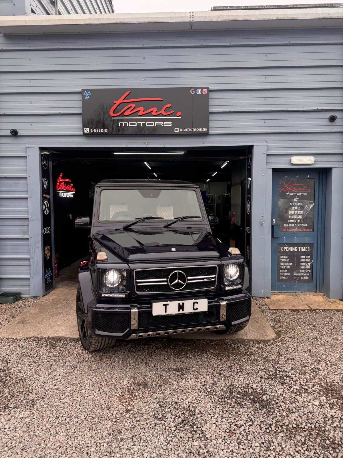 A Mercedes-AMG G-Class outside the Team Mercedes Cardiff workshop